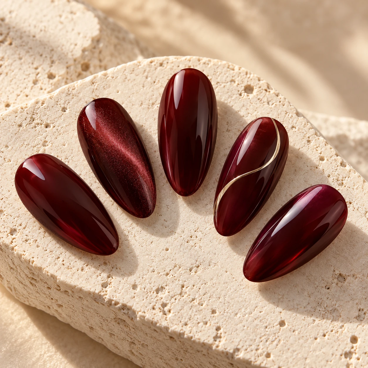 Original AI concept: five deep cherry nail tips with cat-eye shimmer and a fine champagne curve